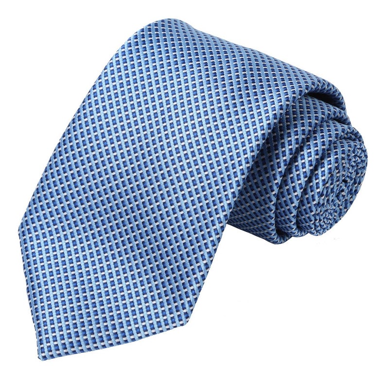 KissTies Mens Blue Tie Set Checkered Necktie Blue Ties + Pocket Square - Image 1